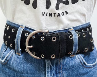 VINTAGE 90s JUMBO Black SUEDE Leather Silver Studded