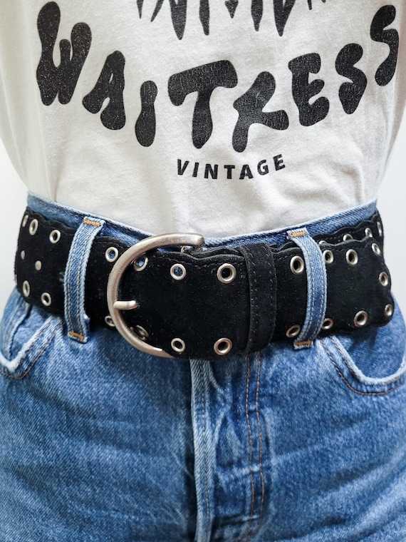 小物 SEA BIG HEART SUEDE BELT black VINTAGE 90s JUMBO Black SUEDE Leather Silver Studded Perforated
