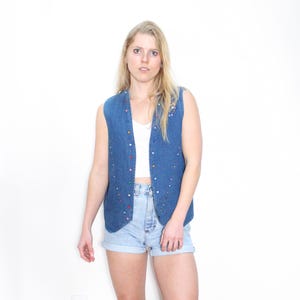 VINTAGE 80s DARK DENIM Blue Cotton Colorful Gemstone Studded Rhinestone Swirls Sleeveless Vest Top || M or L
