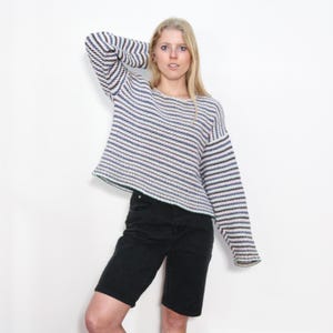 VINTAGE 90s White COTTON Colorful Stripes Woven Cropped Grunge Skate Style Streetwear Sweater || Size L