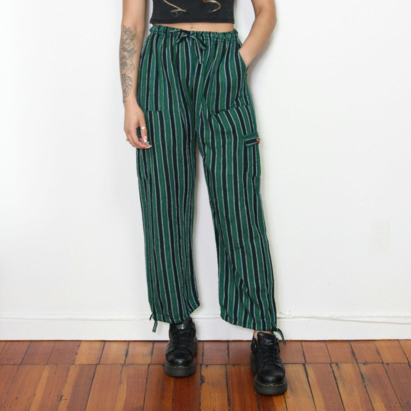 VINTAGE 90s 2000s Green STRIPED California BAJA Drawstring
