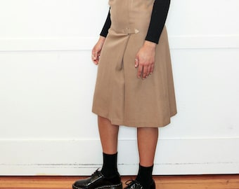 VINTAGE 70s Auth YSL Yves Saint Laurent Wool Tan Pleated Buckle High Waist Skirt || Preppy Chic || Size XS or S
