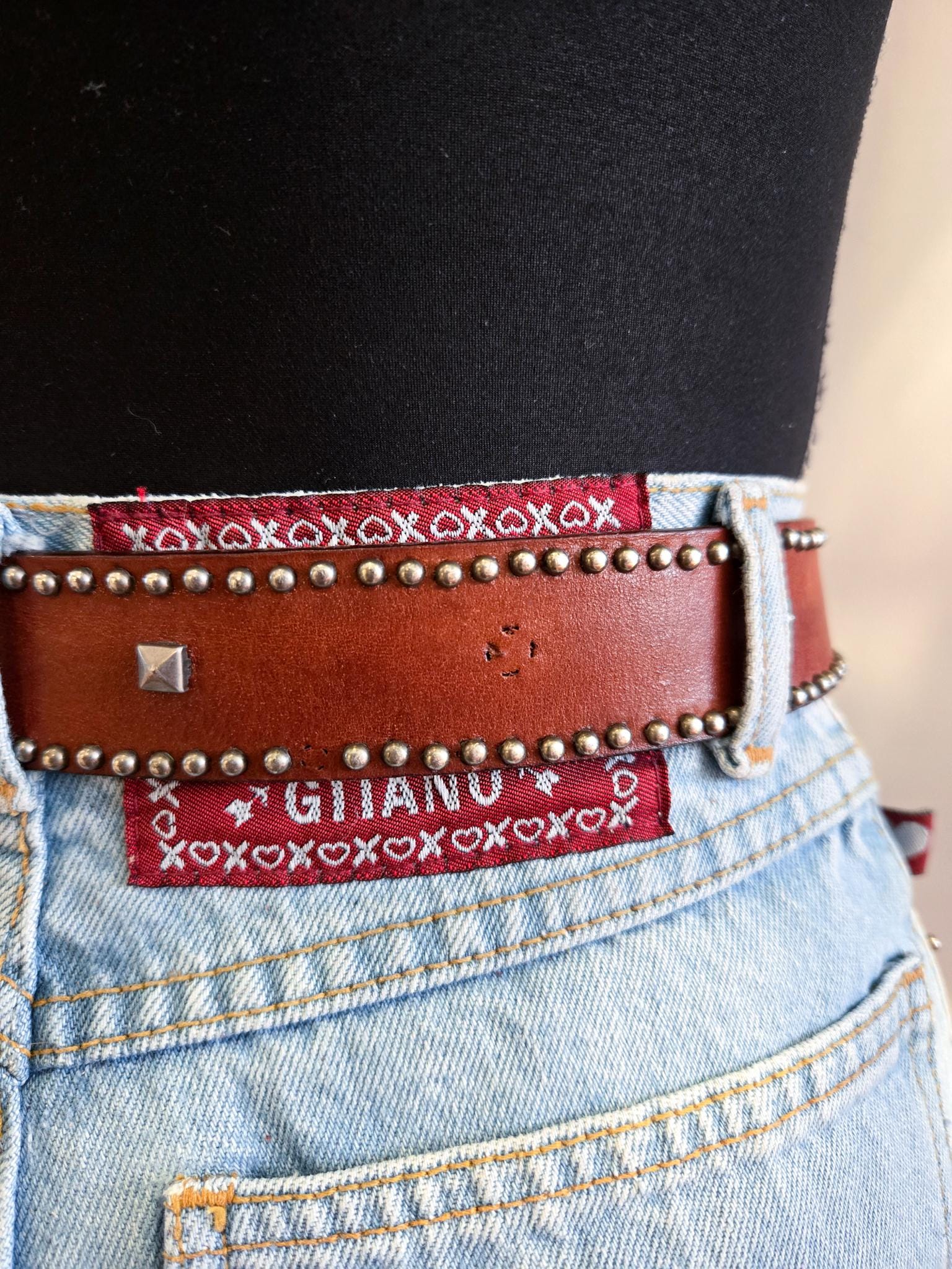 Dark Brown Leather Western Silver Square Circle Studded 