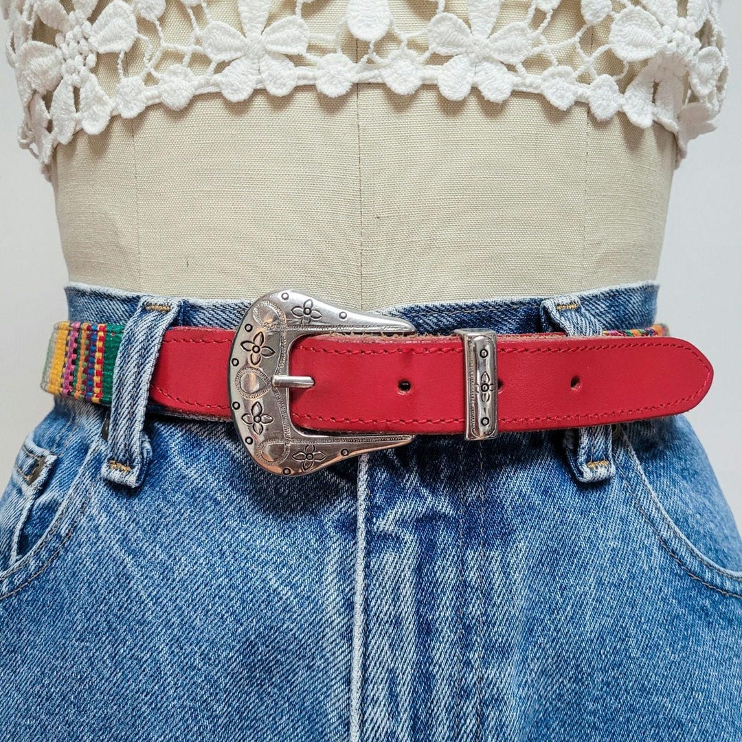 VINTAGE 80s 90s RED Leather Silver Floral Buckle Hardware