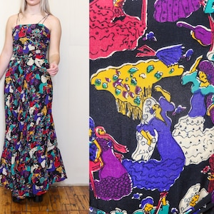 VINTAGE 70s Unique Rare FLAMENCO Tango Fiesta Dance Print Ruche Flapper Voluminous Flared Evening Cocktail Party Maxi Dress