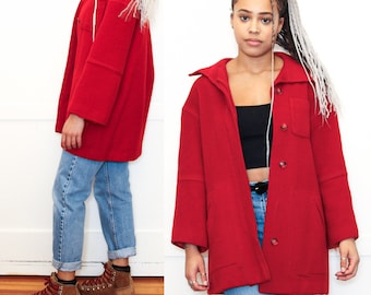 VINTAGE 80s 90s rouge laine épaisse veste manteau grand col || Streetwear grunge minimaliste pour l'extérieur, esthétique || Taille 8 M