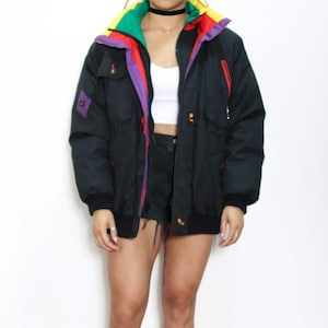 VINTAGE 80s GIACCA Duck Down Fowl Feather Black Puffer Colorful Warm Cozy Insulated Bomber Colorblock Jacket Coat || M L