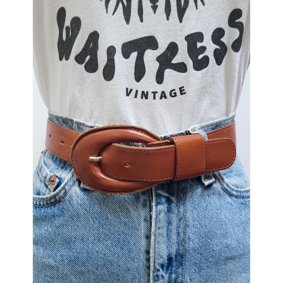 VINTAGE 80s 90s BROWN Casual Corner Leather Wide Oval Buckle  display picture 1