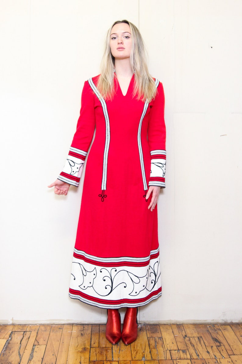 VINTAGE 70s Fashion Red White HIPPIE Boho Bohemian Festival Tapestry FOLK Peasant Embroidered Striped Heavy Flared Maxi Bell Lounge Dress sm image 4