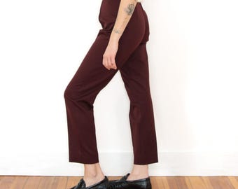 VINTAGE 1980s Ecru WINE Burgundy PLEATED Slacks Tapered High Water Academia Trousers || Tag Size 8 - 28" waist || N K J