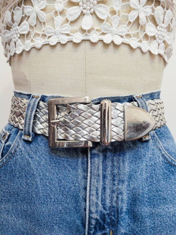 VINTAGE 80s 90s Silver Leather WOVEN Belt Simple … - image 1