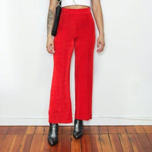 VINTAGE 90s Red SLINKY Stretchy Lycra Flowy High Waist Disco Tall Long Pants || Statement Piece || Size L