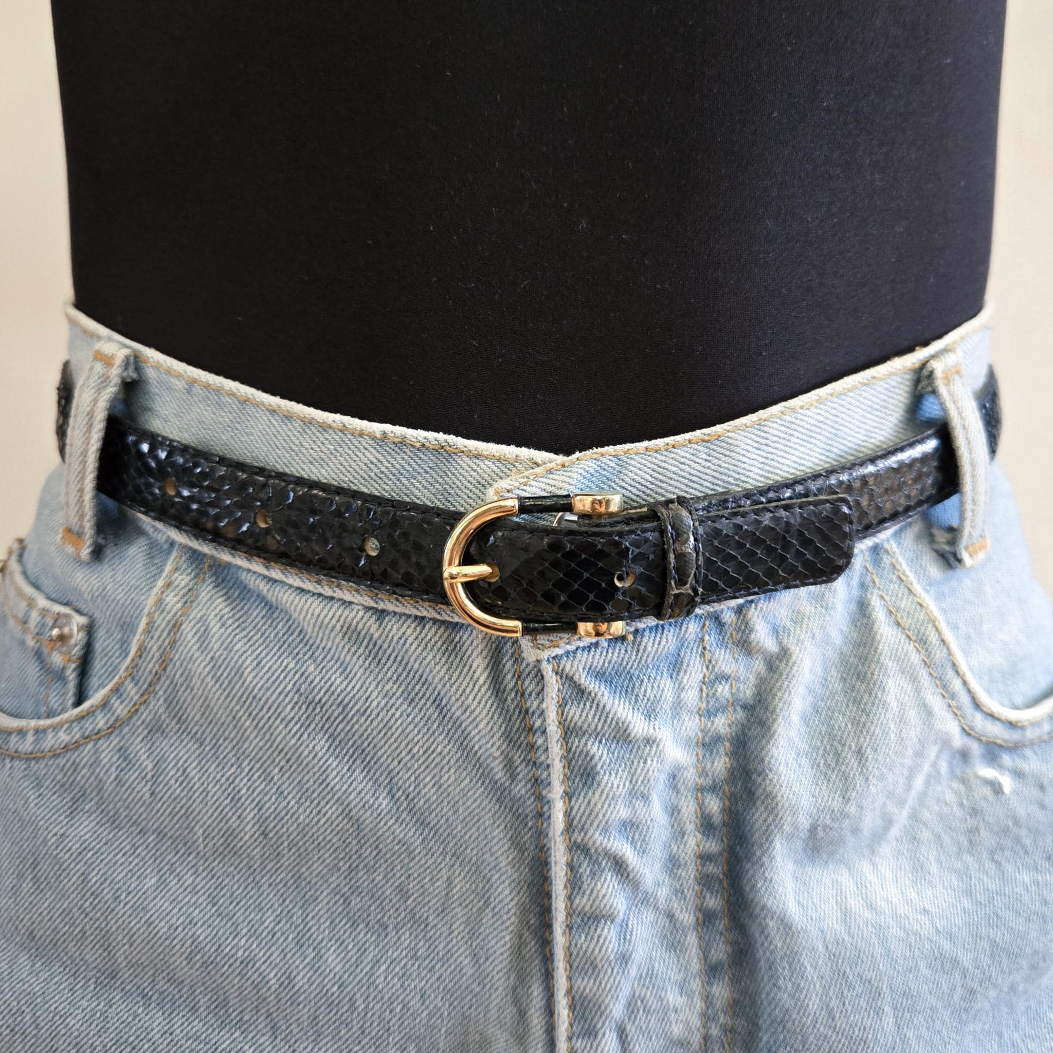 VINTAGE 80s 90s NAVY Genuine Snakeskin Leather Skinny Chic Gold