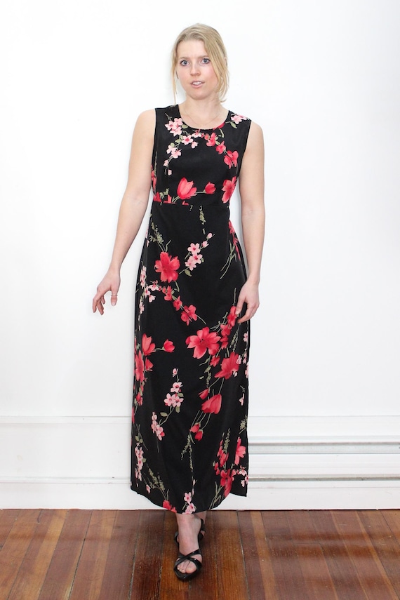 VINTAGE 90s Black RED Cherry Blossom FLORAL Spring Summer Sleeveless Maxi Empire Waist Bowtie Belt Adjustable Dress || S M