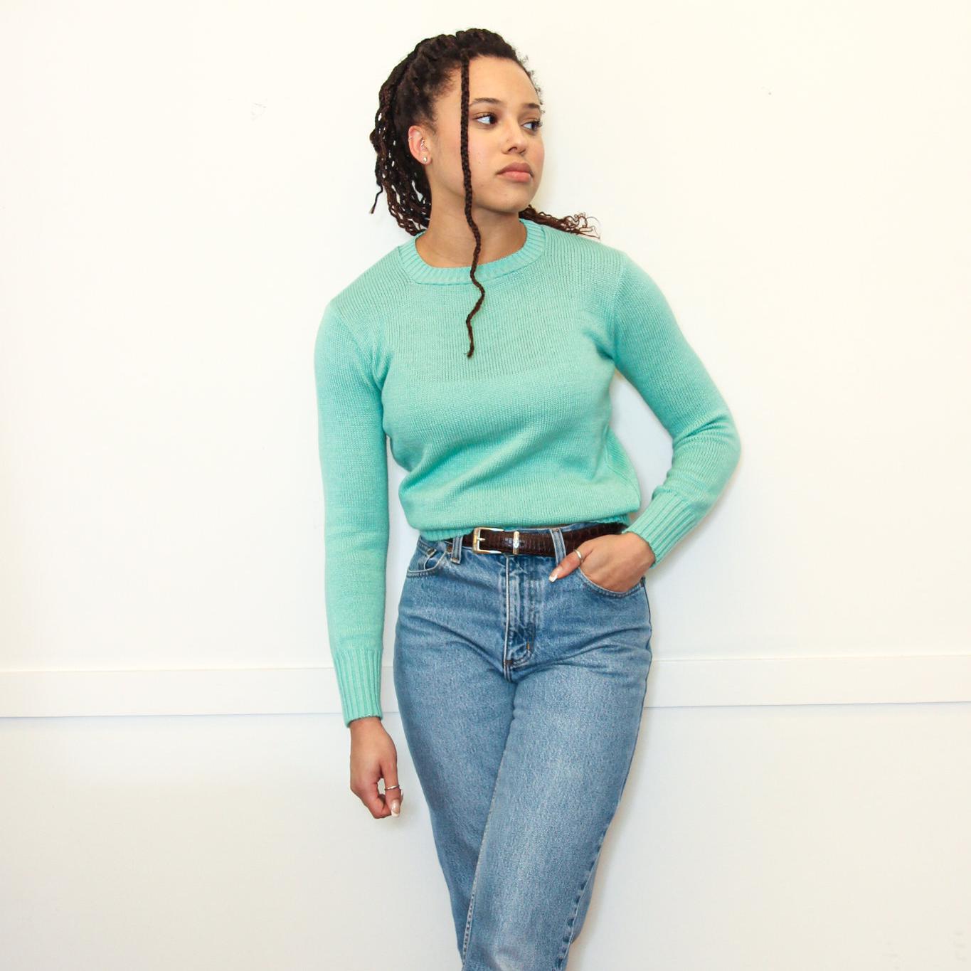 VINTAGE 80s Seafoam GREEN Thin Knit Minimalist Simple