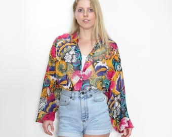 VINTAGE jaren 80 ABSTRACTE kleurrijke pure oversized bloemengeknoopte graphic Express Compagnie Internationale blouse || M of L