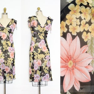 VINTAGE jaren 90 zwarte pure chiffon bloemen fladderende engelmouwen getailleerd uitlopend lijfje romantische etherische grunge rampage stijl 3