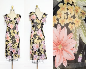 VINTAGE 90s Negro Gasa Transparente Floral Volante Mangas de Ángel Corpiño Ajustado Acampanado Romántico Etéreo Grunge Alborotado Estilo 3