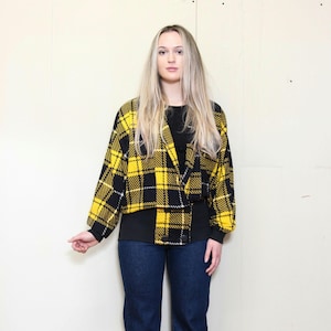 VINTAGE 80s 90s Yellow PLAID Tartan Grunge Lumberjack Double Breasted CLUELESS Dolman Cape Batwing Sleeve Jacket Top