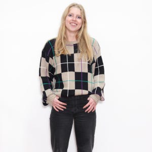 VINTAGE 80s 90s CHECKERED Striped Plaid Black Tan Plaid Preppy Menswear Pullover Crewneck Loose Fit Ribbed Sweater || S M L