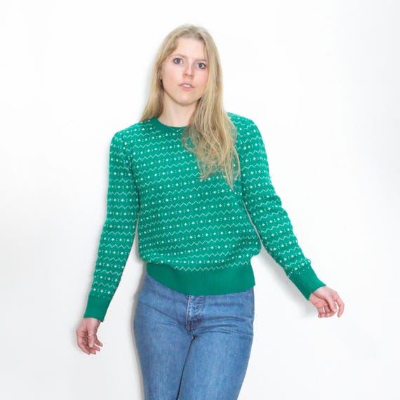 VINTAGE Pull slim en tricot côtelé à col rond, vert et blanc