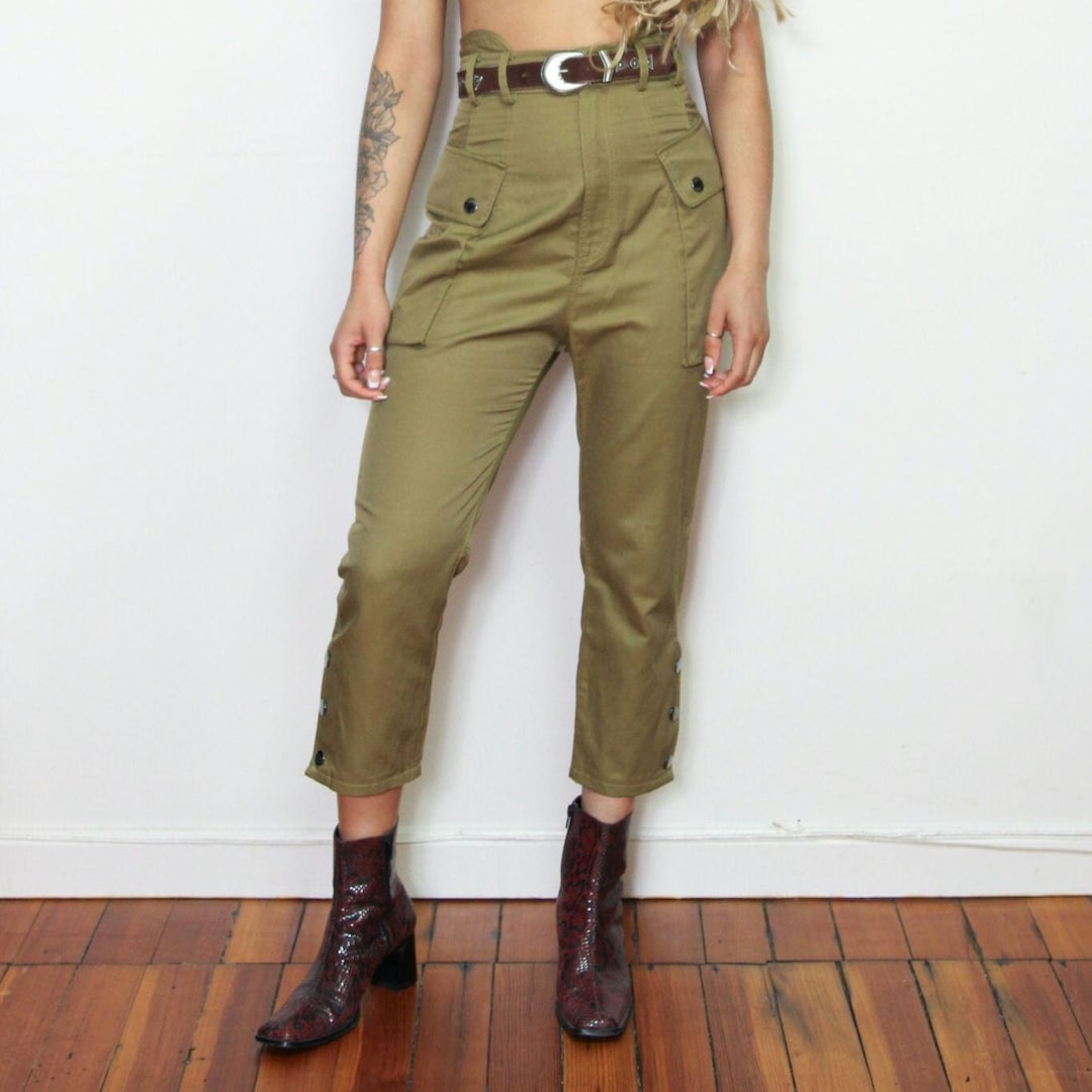 Y2K Style Army Green Khaki HIGH WAIST Military Shiny Cotton Nylon