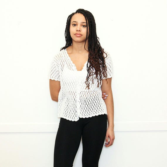 VINTAGE 90s WHITE Handknit CROCHET Lace Embroidered Sheer