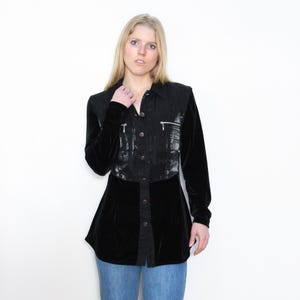 VINTAGE 90s CACHE Black VELVET Metallic Shimmer Button Up Stretch Double Zippered Cinched Waist Shirt Blouse || Size 6