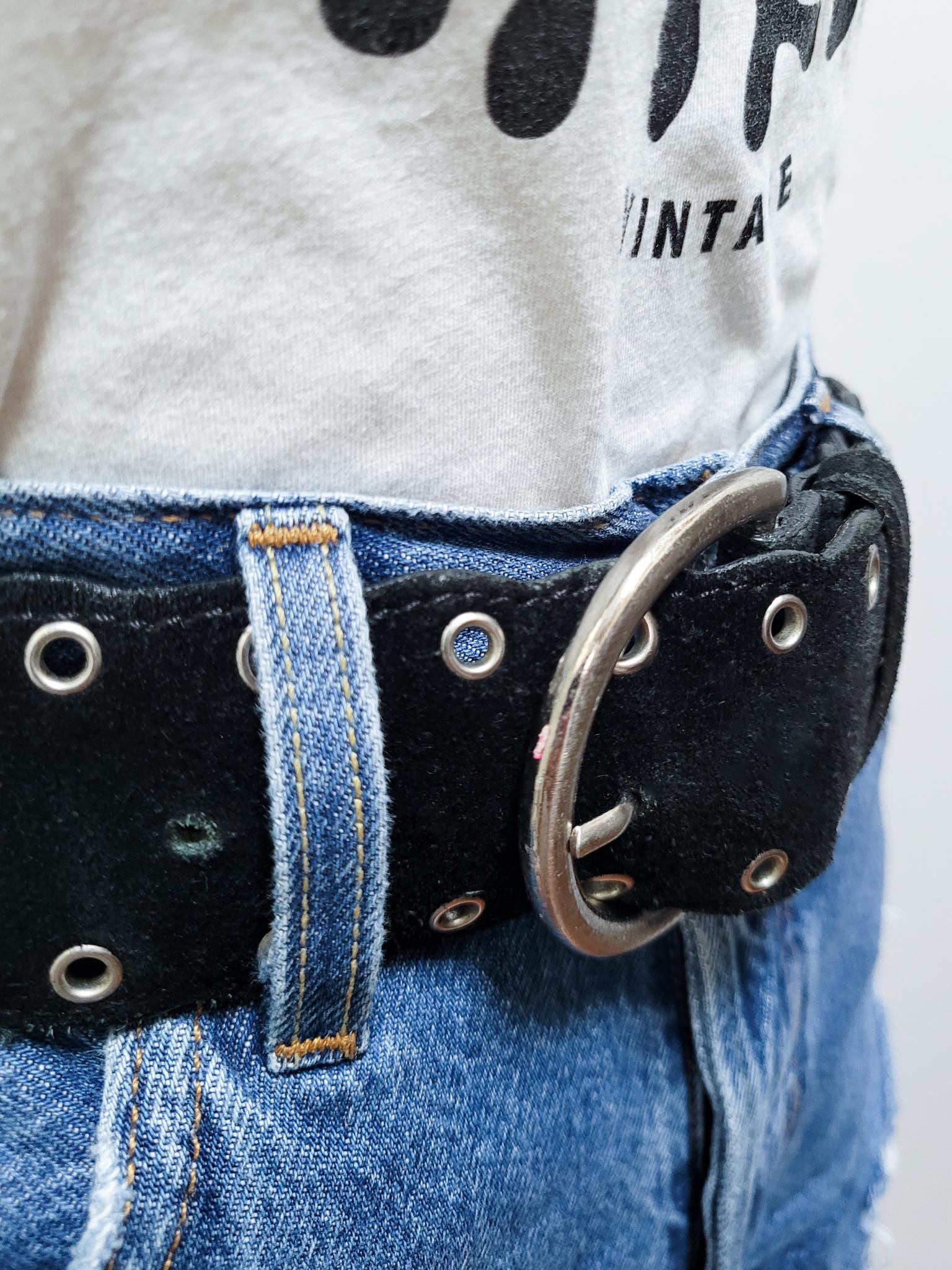 VINTAGE 90s JUMBO Black SUEDE Leather Silver Studded