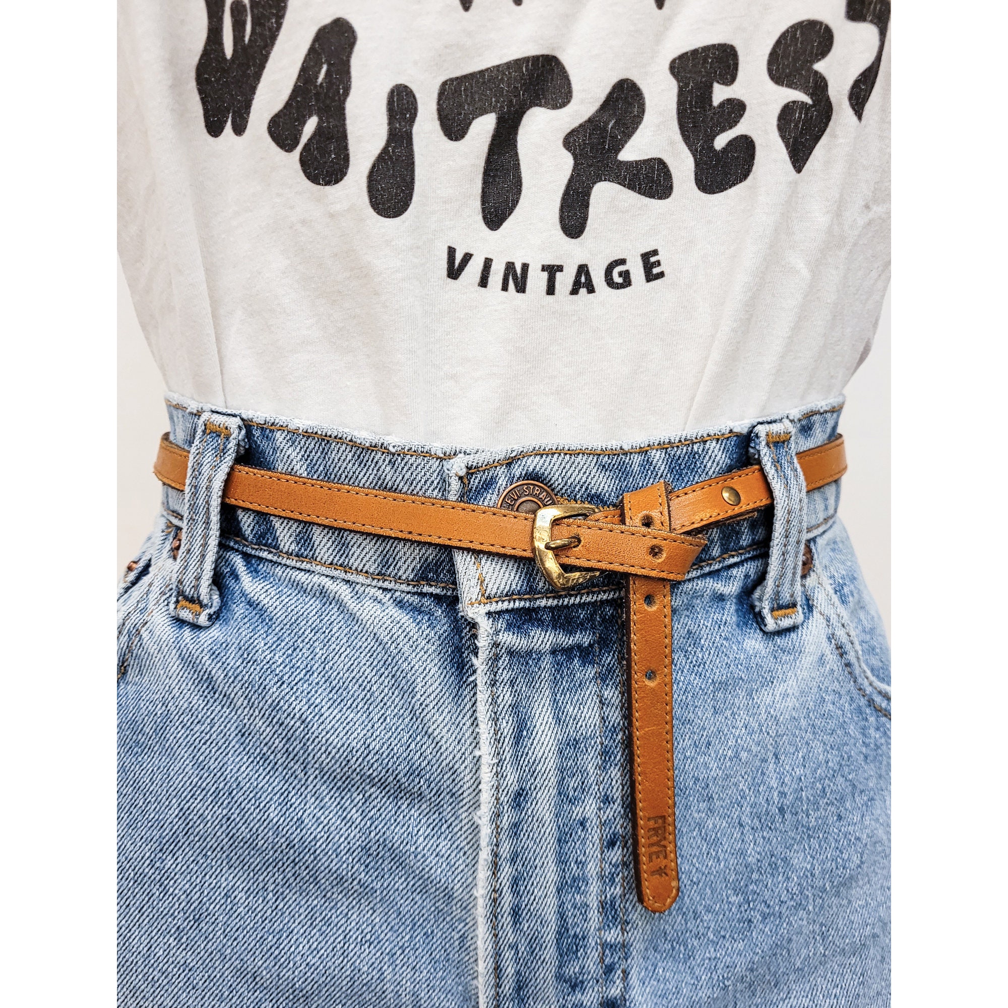 Frye Light Brown Leather Women Sz S Boho Western Brass Buckle Embossed Logo Belt Free People Women main image 4