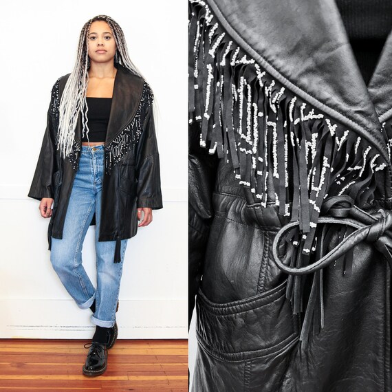 VINTAGE 80s Black White Leather FRINGE Tassel Oversized Fit Jacket Coat Western Hippie Streetstyle Moto Grunge M L Etsy Canada