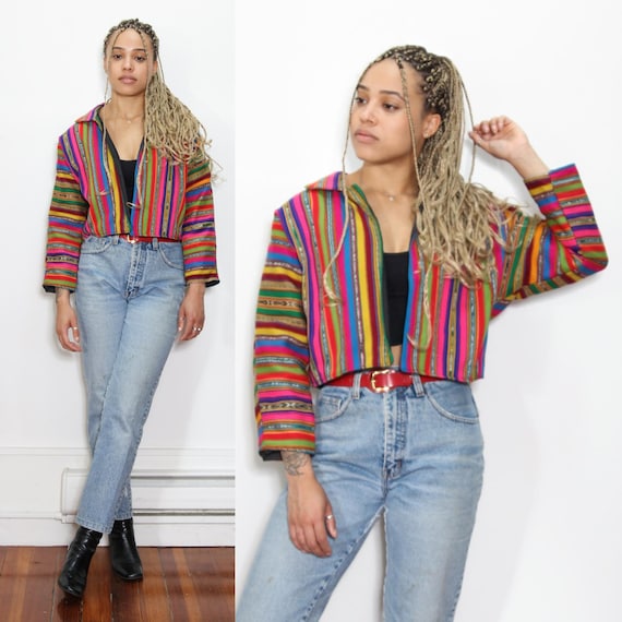 VINTAGE 80s 90s BRIGHT Pink Rainbow Neon Colorful Striped