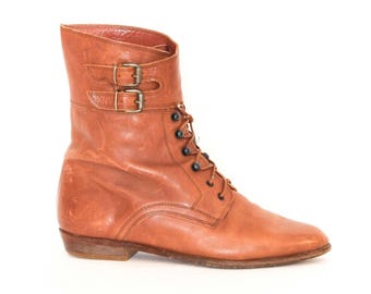 VINTAGE 80s Brown Leather Designer JOAN & DAVID Lace Up Roper Pirate Ankle Boots Semi Round Toe Normcore Grunge Flats Hiker Size 7 or 7.5