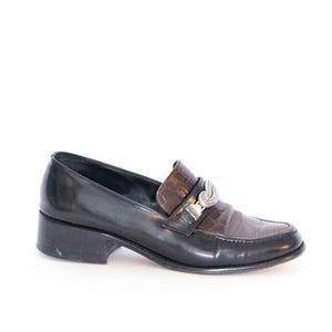 VINTAGE 80s 90s BRIGHTON Black Brown Colorblock Alligator Print Leather Low Stacked Heel Loafers Oxfords Mules Chic Preppy Aesthetic Boot 7M