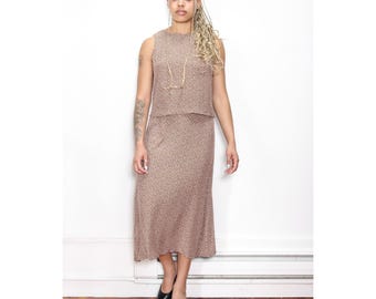 VINTAGE 90s Taupe Brown POLKA DOT Pretty Woman Sleeveless Straight Fit Chic Midi Layered Dress || Minimalist Style 6 P