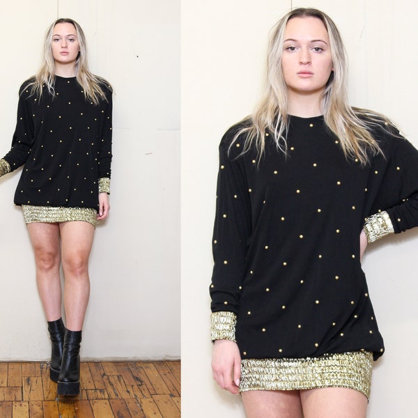 VINTAGE 80s Unique Black Gold STUDDED Dropwaist GLAM Disco Party Evening Cocktail Avant Garde Blouson Shirred Skirt Dress M