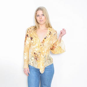 VINTAGE Y2K Yellow Gold SILK Sheer VELVET Burnout Abstract Floral Swirls Cascading Ruffled Neckline Bell Sleeve Blouse || M