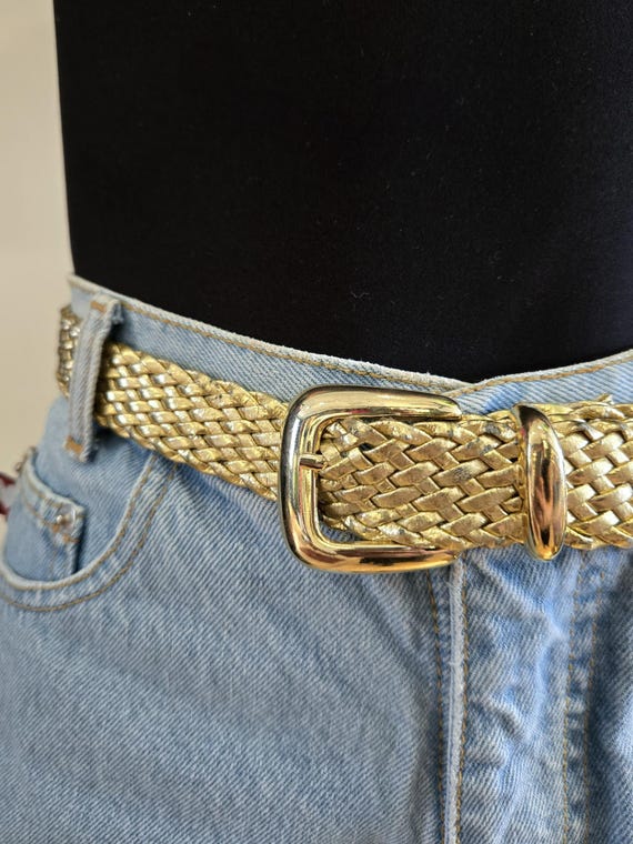 VINTAGE 80s 90s Gold Woven Braided Faux Vegan Leather Buckle 