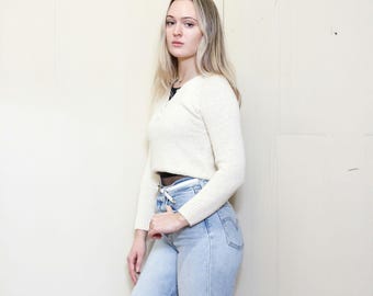VINTAGE 80s 90s Simple Chic BEIGE off white tiny cropped slim fit normcore SWEATER Top Cotton Preppy Size Small