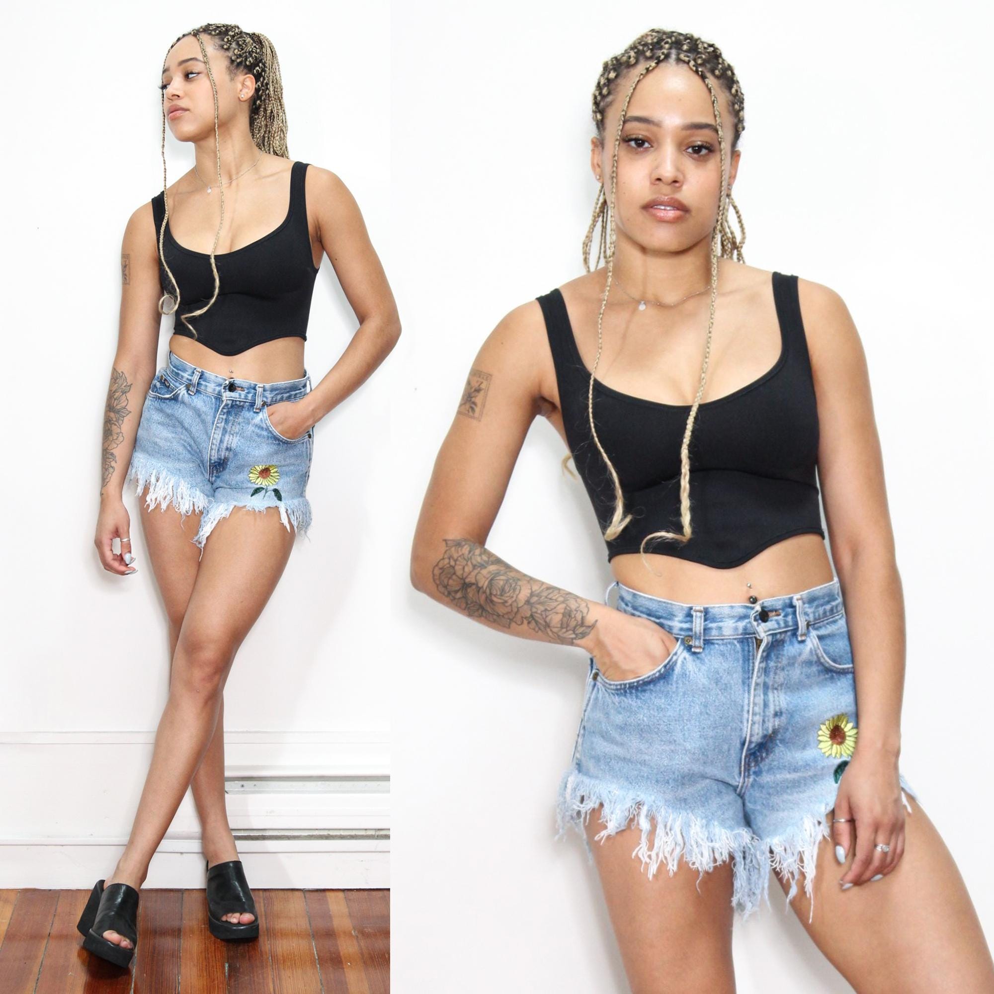 VINTAGE 90s Chic Denim Blue Cotton HIGH WAIST Frayed