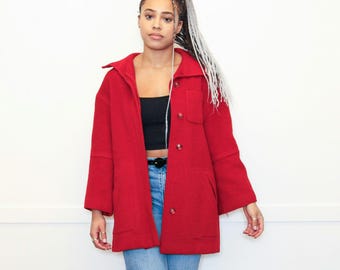 VINTAGE jaren 80 jaren 90 rode zware wollen jas grote kraag || Minimalistische grunge || Maat 8 M