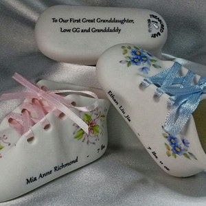 Personalized Porcelain Classic Baby Shoe Includes Baby's full Birth Information.  Includes a message on the bottom of the shoe.