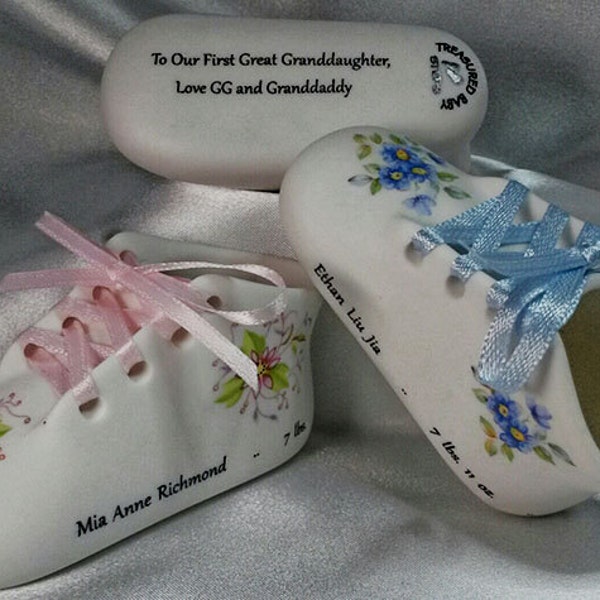 Personalized Porcelain Classic Baby Shoe Includes Baby's full Birth Information.  Includes a message on the bottom of the shoe.