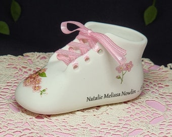 Personalized Porcelain Baby Shoe Includes Baby's full Birth Information.  Includes a message on the bottom of the shoe. Wrap Writing