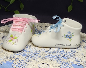 Personalized Porcelain Baby Shoe Includes Baby's full Birth Information and message on the bottom with Wrap Writing