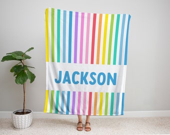 Personalized Rainbow Stripes Name Minky Blanket (blue)