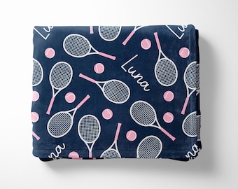 Tennis Personalized Name Minky Blanket (Dark Blue)