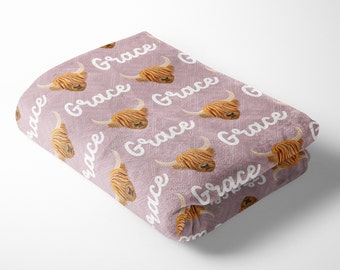 Highland Cow Personalized Name Minky Blanket (mauve)