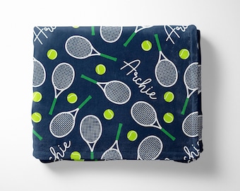 Tennis Personalized Name Minky Blanket (Green on Dark Blue)