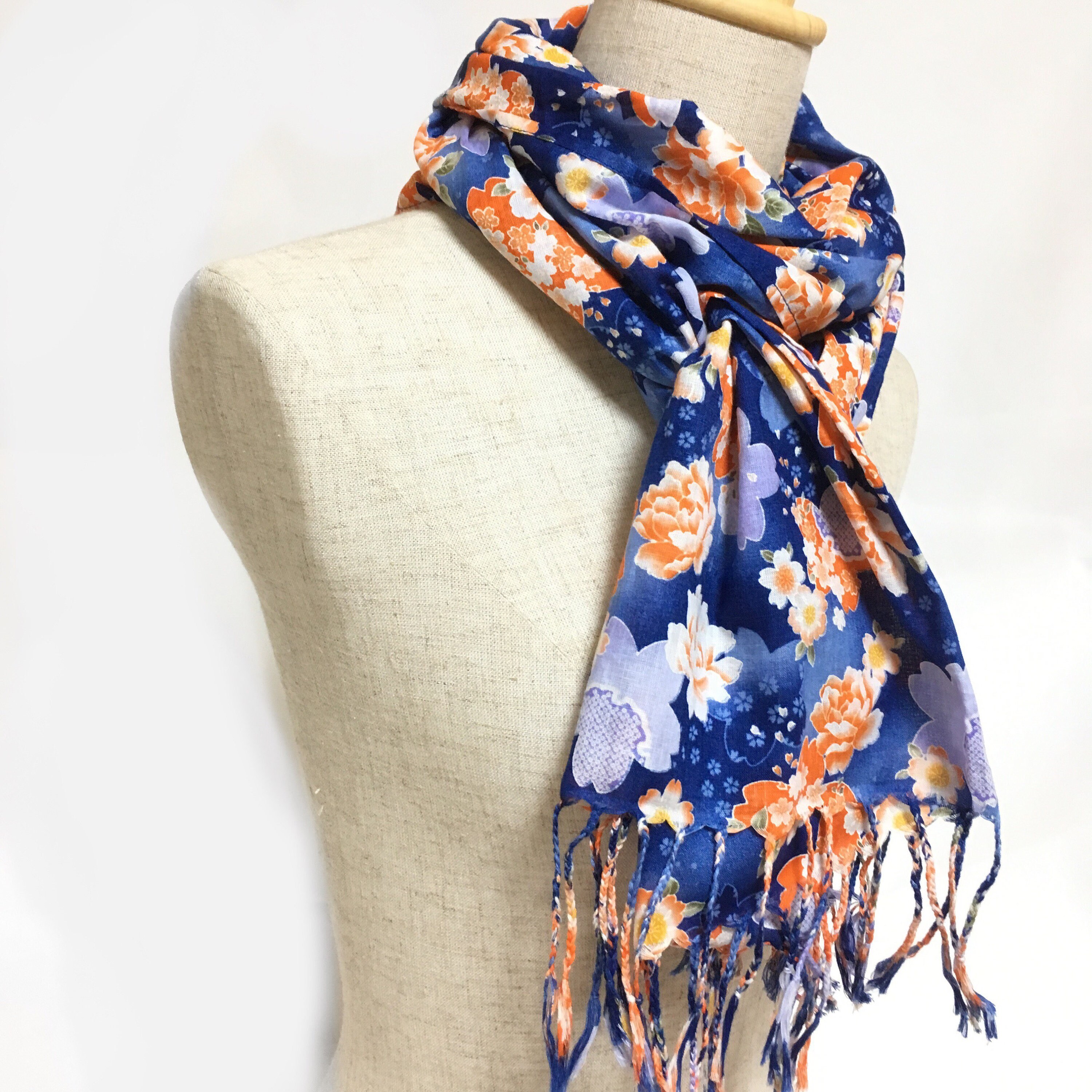 Blue cotton scarf long scarf made in Japan floral scarf Etsy